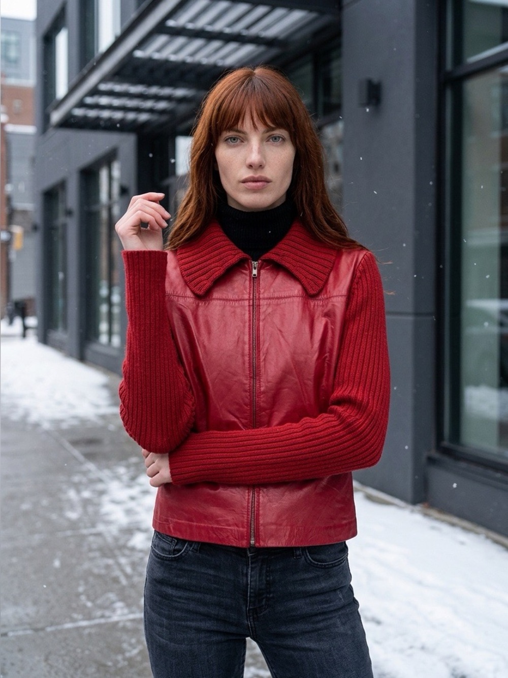 Red Leather & Knit Collar Zip Vintage Jacket by Maurice Sasson